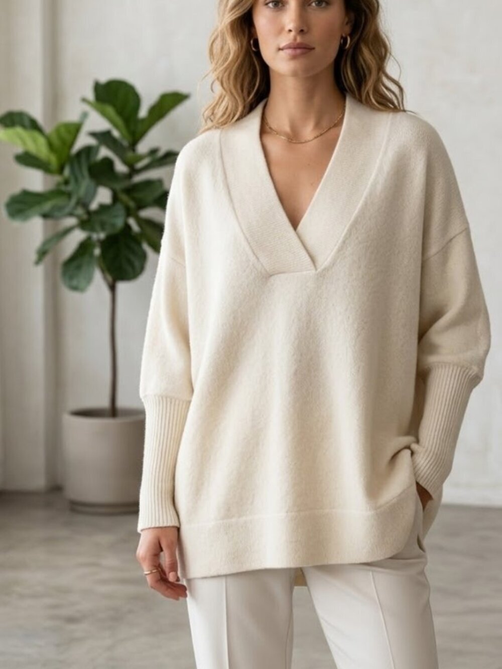 By Anthropologie Sweater Tunic Galizia V-Neck Knit Ivory Oversized Rustic Size M